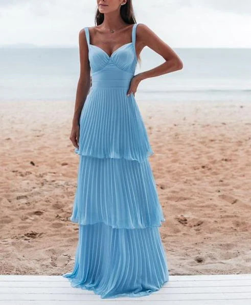 Vintage Blue Sweetheart Pleated A-Line Tiered Long Prom Dress Party Dress Evening Dress TP4401