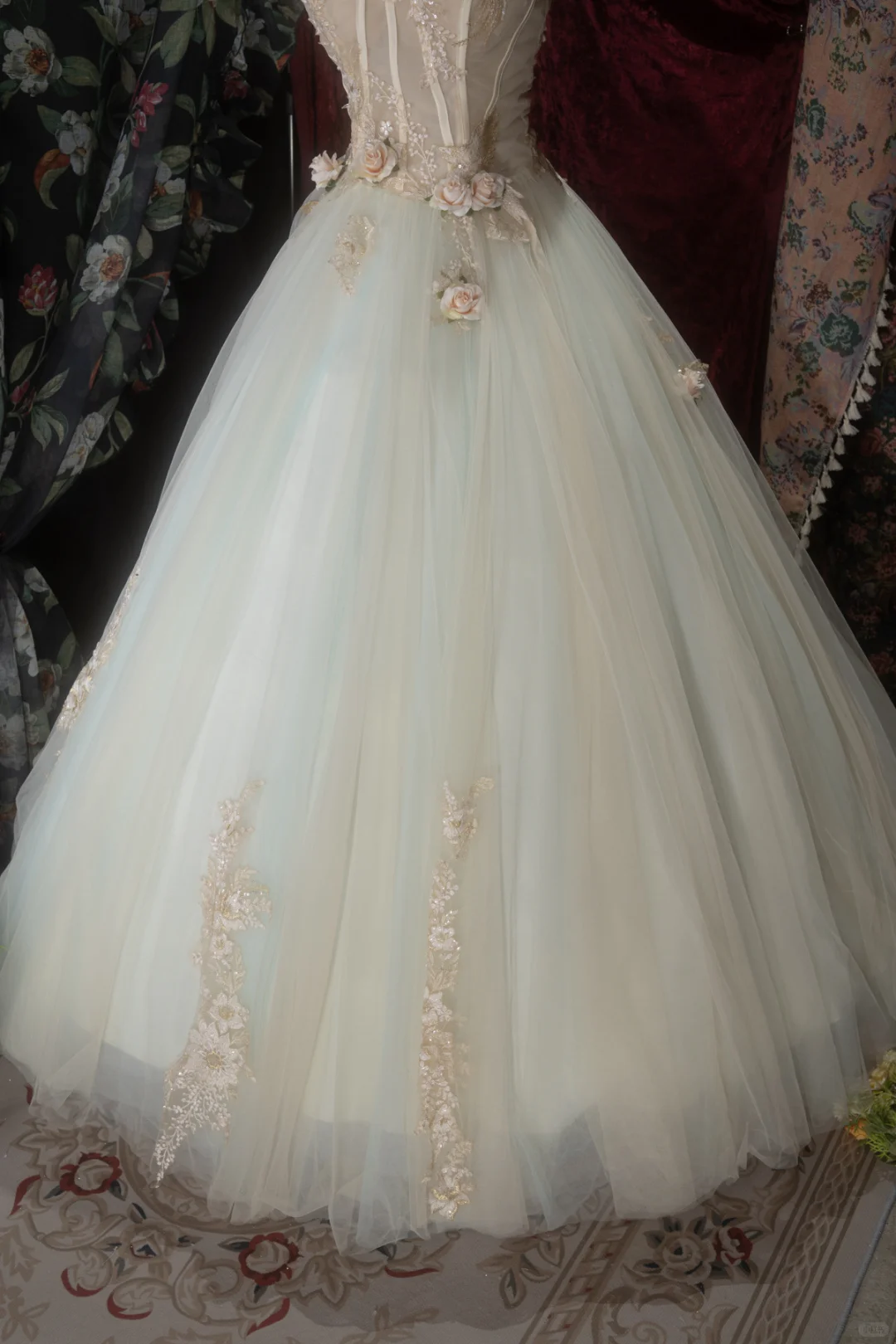 Gorgeous Mint Green Spaghetti Strap 3D Floral Appliques Ball Gown TP5792