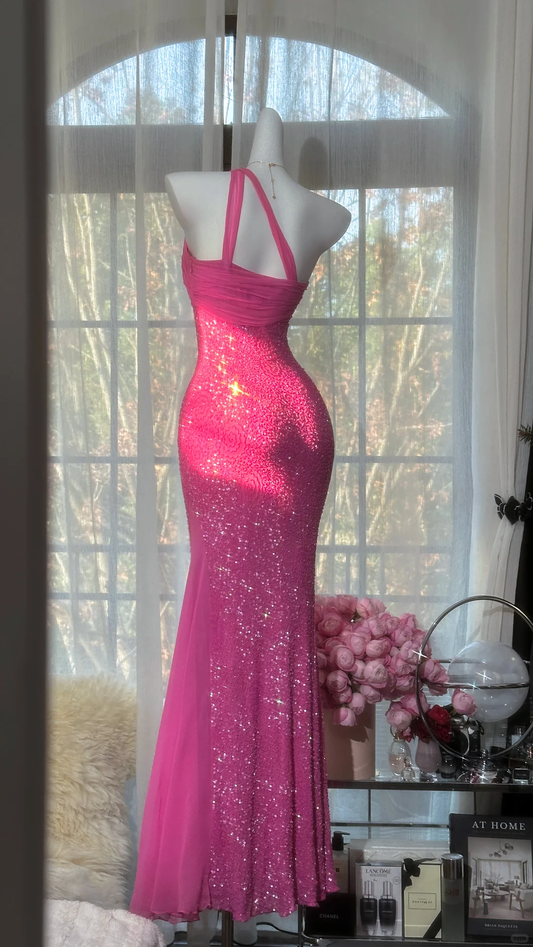 Sparkly Hot Pink Mermaid Evening Gown One-Shoulder Sequin Floor-Length Prom Dress TP5743