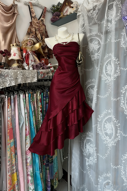 Champagne-colored strapless satin slim-waisted ruffled hem maxi ball gown R6180