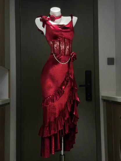 Girlhomeshops--Burgundy Sexy Bodycon Halter Multi-layered Satin Slit Prom Dress Party Dress gh5450