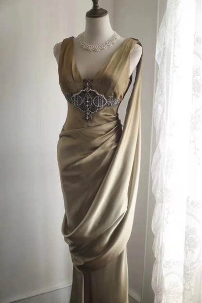 Elegant Satin Deep V-Neck Mermaid Evening Gown Beaded Draped Prom Dress TP5628