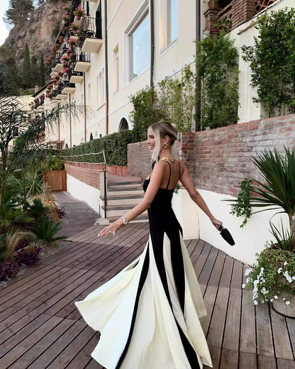 Vintage Black and White A-Line Prom Dress Spaghetti Strap Evening Dress Long Formal Dress TP4639