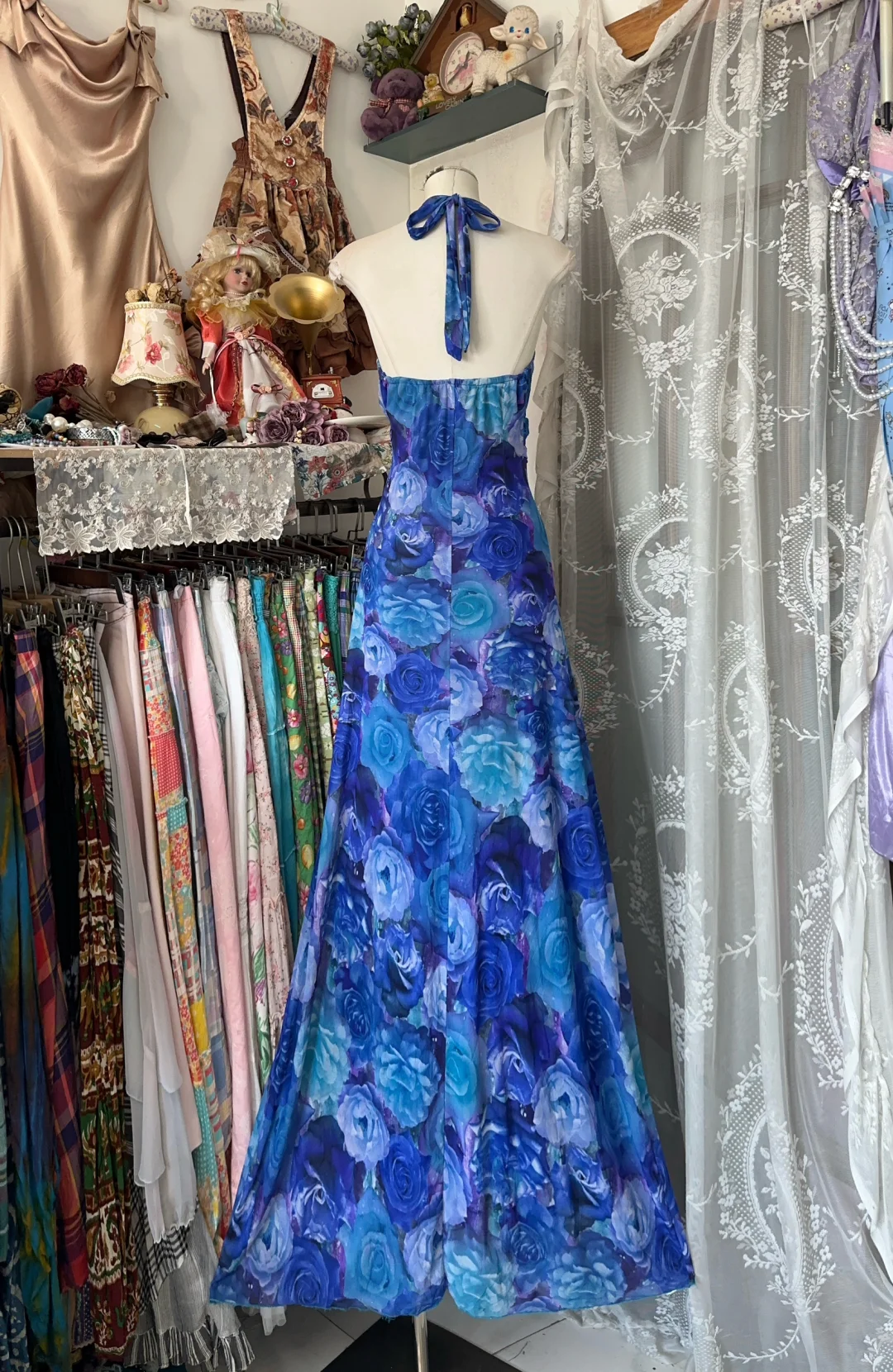 Vintage Navy Blue Floral V-neck Halter Dress Elegant A-Line Long Evening Dress Prom Dresses TP4197