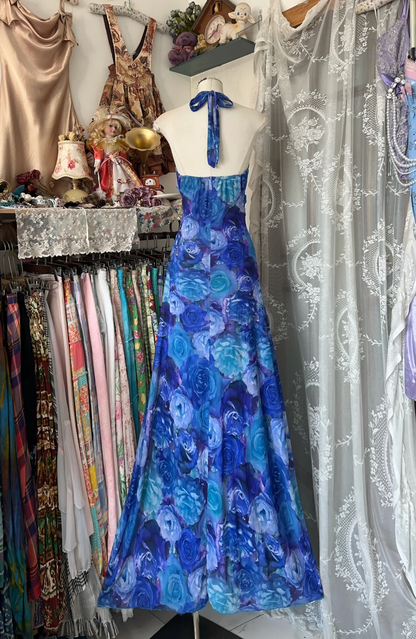 Vintage Navy Blue Floral V-neck Halter Dress Elegant A-Line Long Evening Dress Prom Dresses TP4197