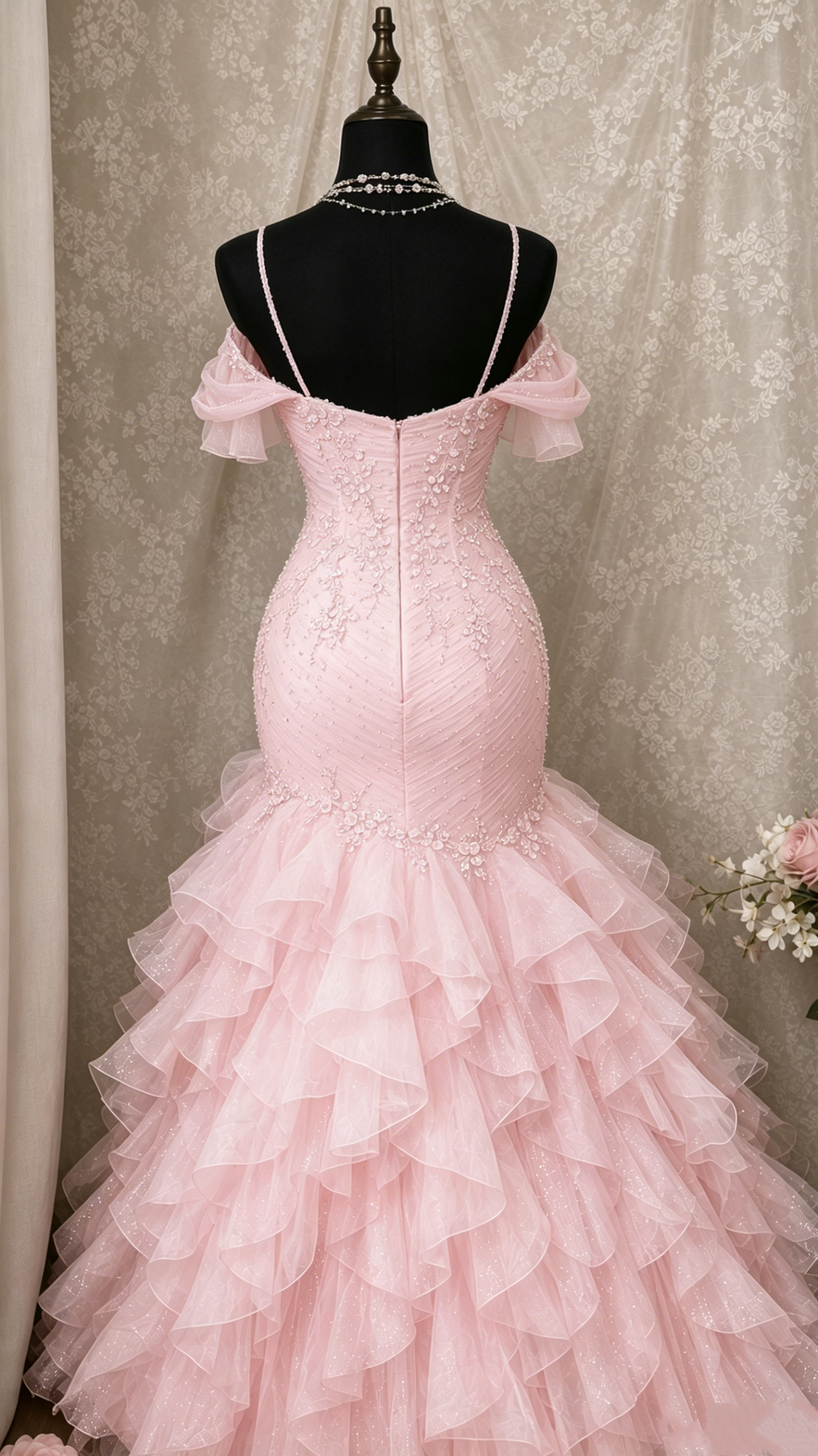 Vintage Pink Off-the-Shoulder Mermaid Prom Dress Spaghetti Strap Sweetheart 3D Floral Beaded Evening Gown TP5852
