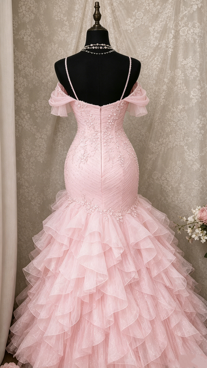 Vintage Pink Off-the-Shoulder Mermaid Prom Dress Spaghetti Strap Sweetheart 3D Floral Beaded Evening Gown TP5852