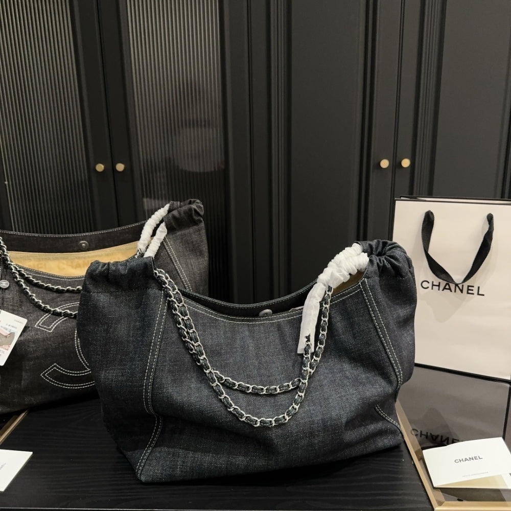Chanel Large Tote Bag Black Denim Chain Strap 36Cm