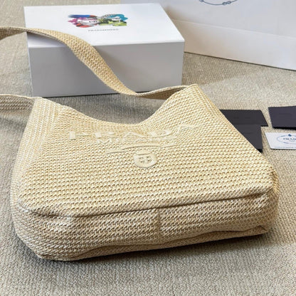 Prada Logo Embossed Raffia Shoulder Bag Beige 33Cm 1BC186VOUO2A2T