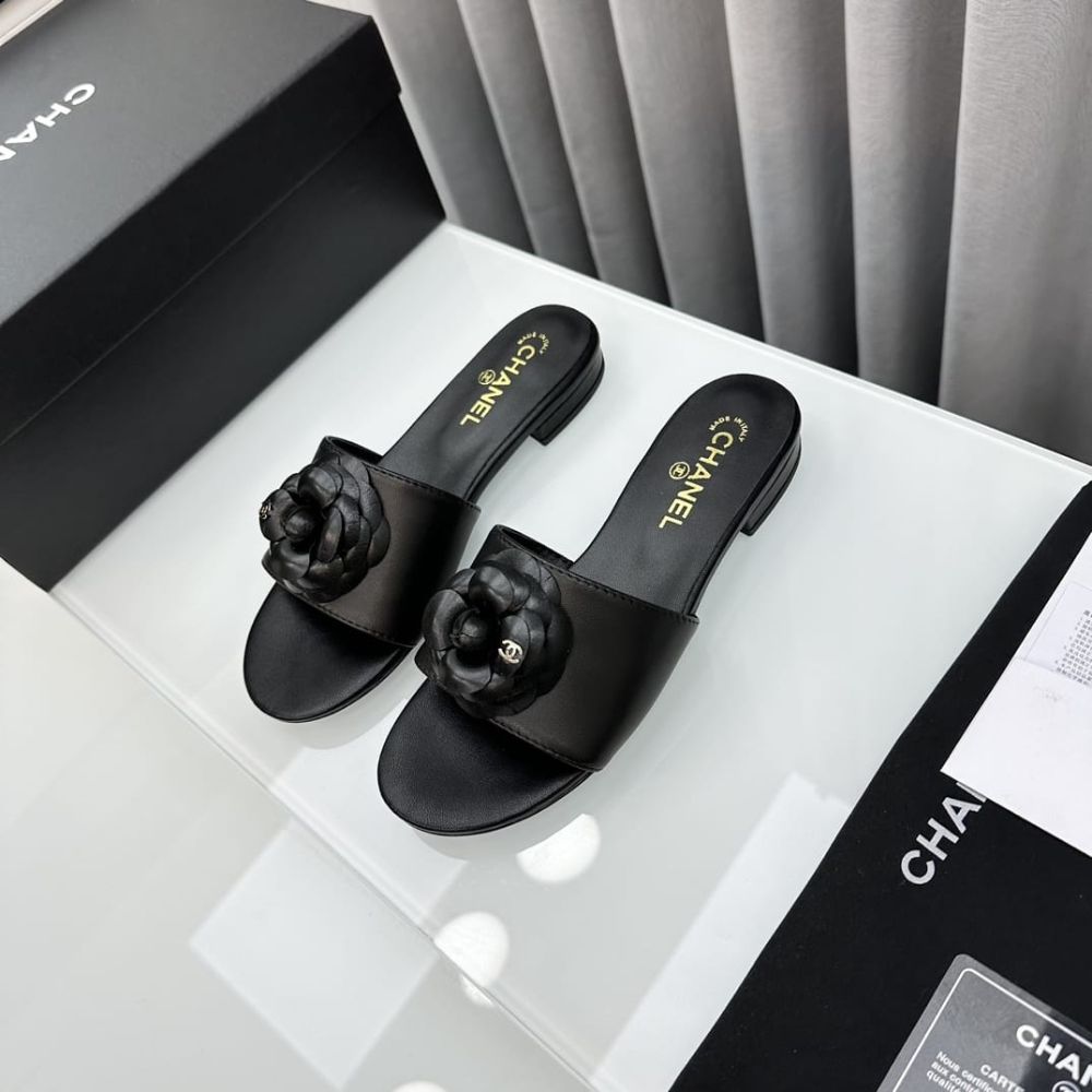 Chanel Black Camellia Slide Flat Sandals