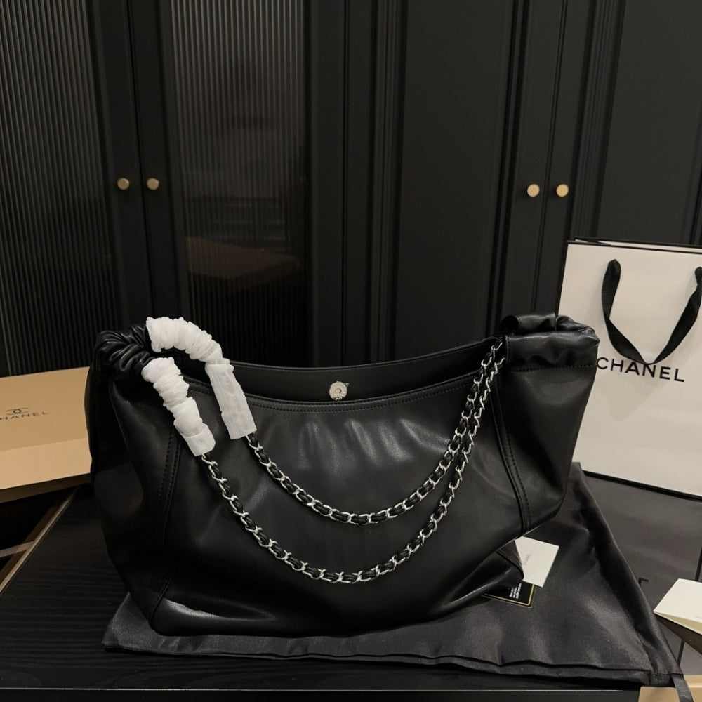 Chanel Large Hobo Bag Black Leather Chain Strap 36Cm