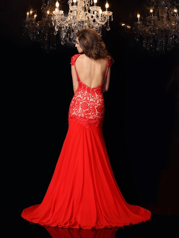 Trumpet/Mermaid High Neck Lace Sleeveless Long Chiffon Dresses