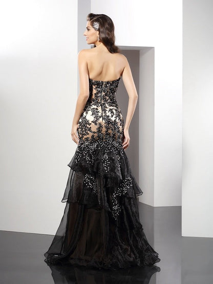 Sheath/Column Sweetheart Applique Sleeveless Long Woven Satin Dresses