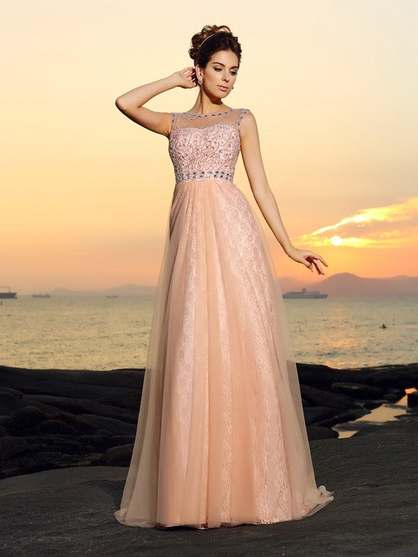 A-Line/Princess Bateau Lace Sleeveless Long Chiffon Dresses
