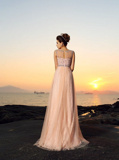 A-Line/Princess Bateau Lace Sleeveless Long Chiffon Dresses