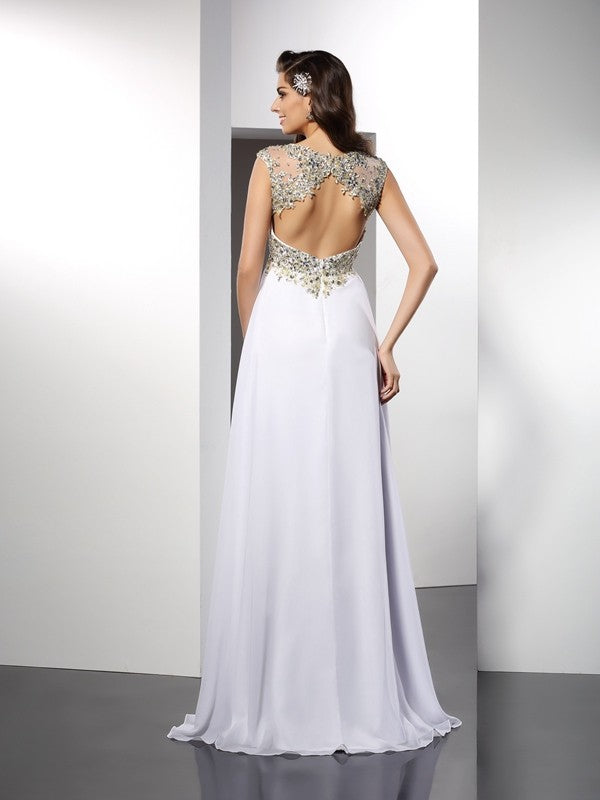 A-Line/Princess Bateau Ruffles Sleeveless Long Chiffon Dresses