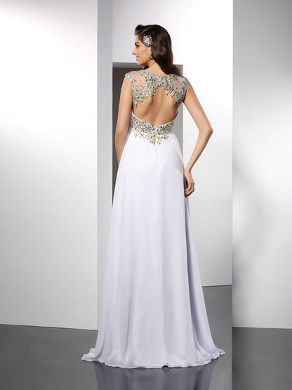 A-Line/Princess Bateau Ruffles Sleeveless Long Chiffon Dresses