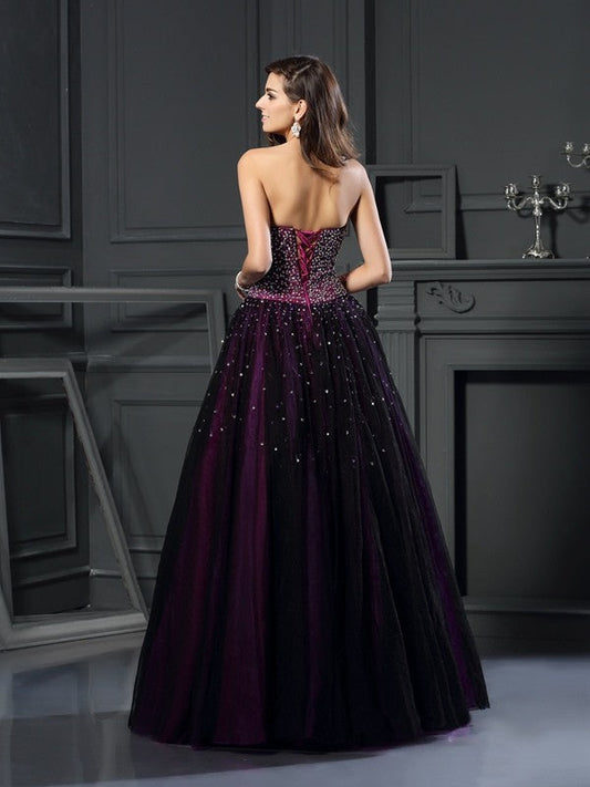 Ball Gown Sweetheart Beading Sleeveless Long Satin Quinceanera Dresses