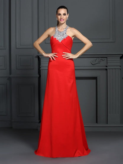 A-Line/Princess High Neck Beading Sleeveless Long Woven Satin Dresses