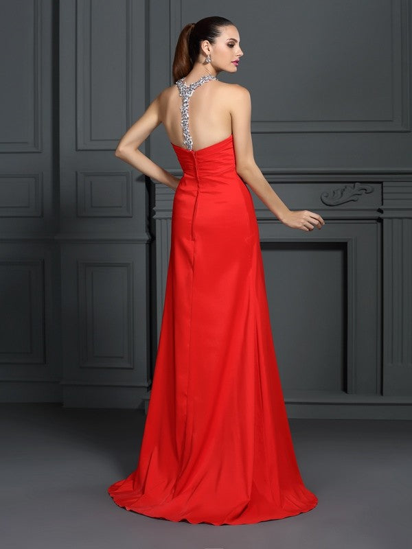 A-Line/Princess High Neck Beading Sleeveless Long Woven Satin Dresses