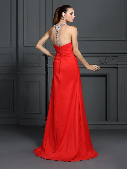 A-Line/Princess High Neck Beading Sleeveless Long Woven Satin Dresses