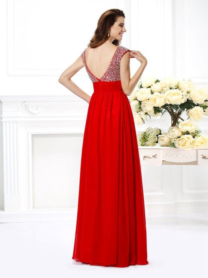A-Line/Princess Straps Beading Sleeveless Paillette Long Chiffon Dresses