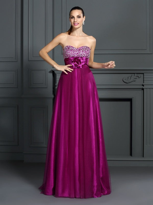 A-Line/Princess Sweetheart Hand-Made Flower Sleeveless Long Woven Satin Dresses