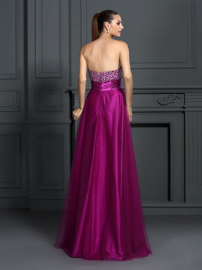 A-Line/Princess Sweetheart Hand-Made Flower Sleeveless Long Woven Satin Dresses