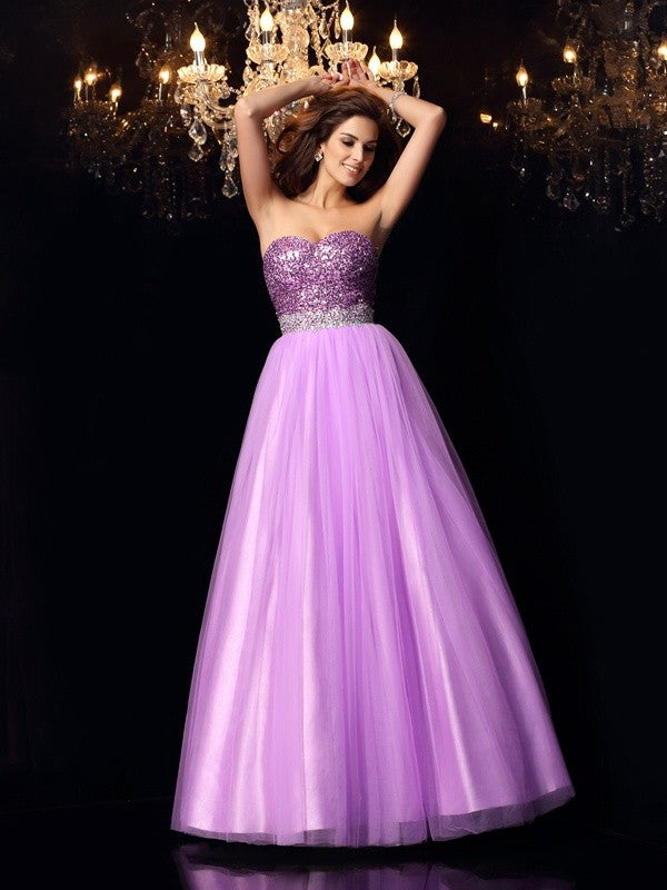 Ball Gown Sweetheart Sequin Sleeveless Long Woven Satin Quinceanera Dresses
