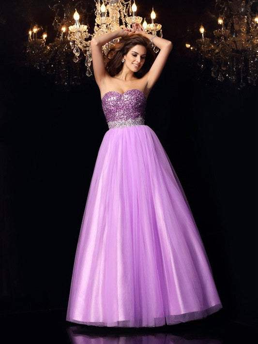 Ball Gown Sweetheart Sequin Sleeveless Long Woven Satin Quinceanera Dresses