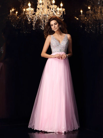 A-Line/Princess V-neck Ruffles Sleeveless Long Woven Satin Dresses