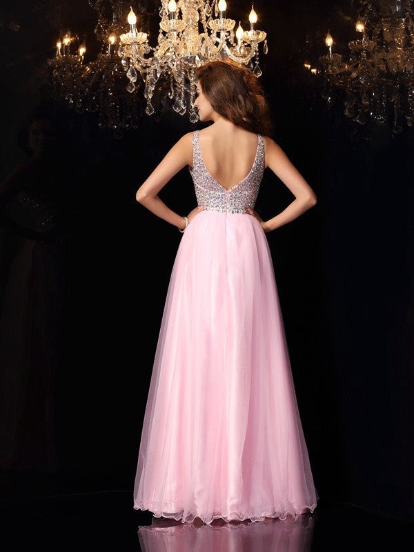 A-Line/Princess V-neck Ruffles Sleeveless Long Woven Satin Dresses