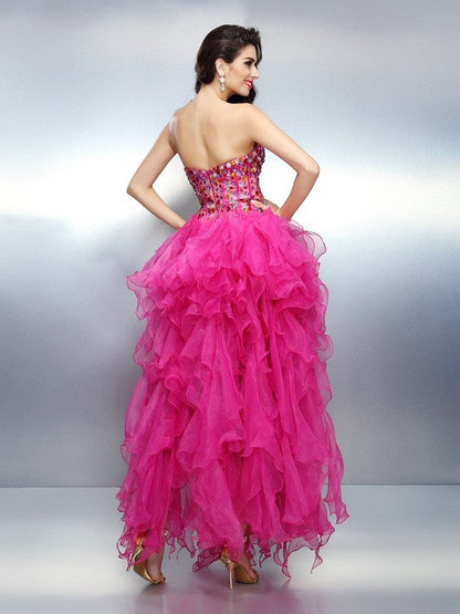 A-Line/Princess Sweetheart Neck Rhinestone Sleeveless High Low Organza Cocktail Dresses