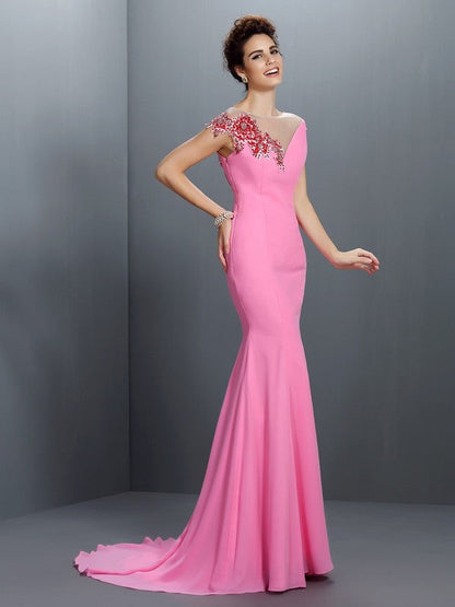 Trumpet/Mermaid Bateau Beading Short Sleeves Long Chiffon Dresses