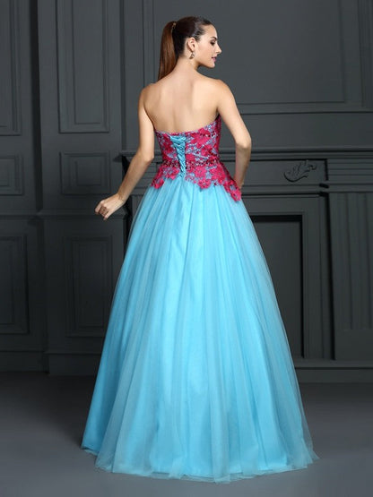 Ball Gown Sweetheart Lace Sleeveless Long Satin Quinceanera Dresses