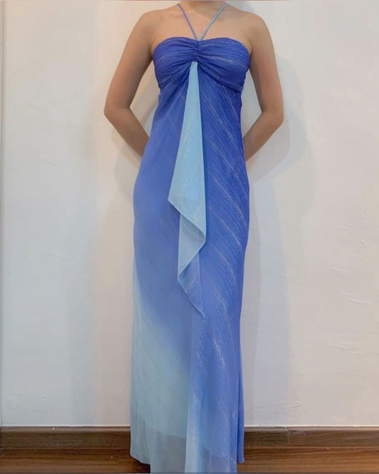 Girlhomeshops--Blue gradient suspenders fashionable long chiffon floor-length ball gown graduation dress gh5517
