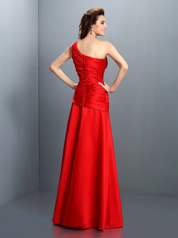 A-Line/Princess One-Shoulder Pleats Sleeveless Long Satin Dresses