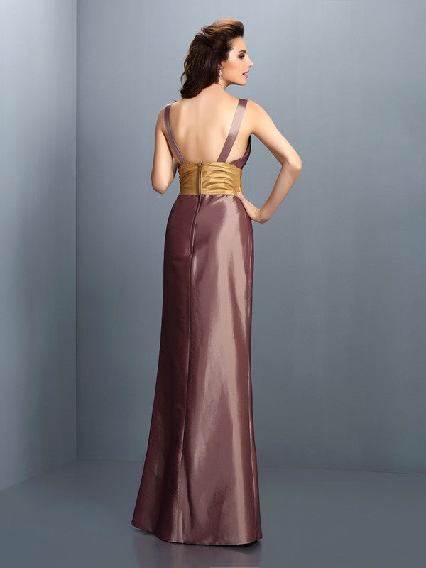 Sheath/Column V-neck Pleats Sleeveless Long Taffeta Dresses