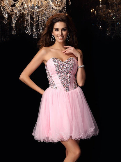A-Line/Princess Sweetheart Ruffles Sleeveless Short Woven Satin Cocktail Dresses