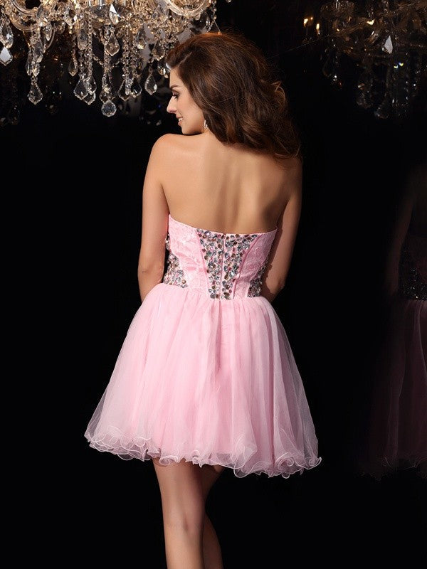 A-Line/Princess Sweetheart Ruffles Sleeveless Short Woven Satin Cocktail Dresses
