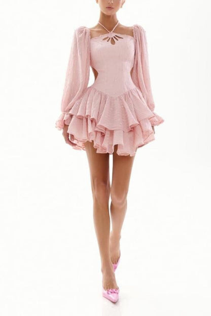 Girlhomeshops-Pink Sweet Long Sleeve Short Chiffon Ruffle Homecoming Dress gh5334