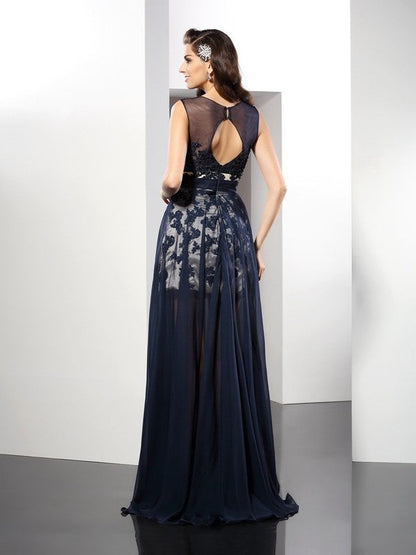 A-Line/Princess Scoop Sleeveless Long Woven Satin Dresses