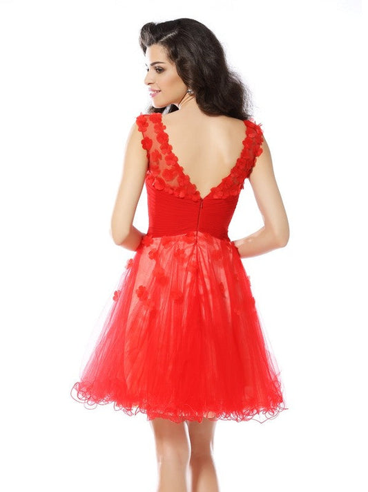 A-Line/Princess Scoop Applique Sleeveless Short Woven Satin Cocktail Dresses