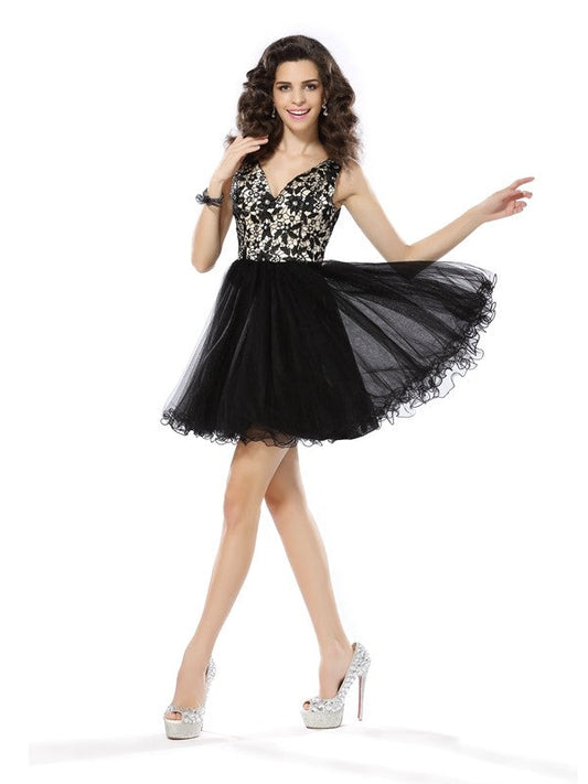 A-Line/Princess V-neck Beading Sleeveless Short Woven Satin Cocktail Dresses