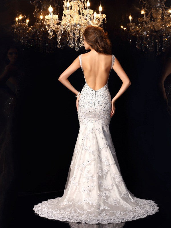 Trumpet/Mermaid Scoop Beading Sleeveless Long Tulle Dresses