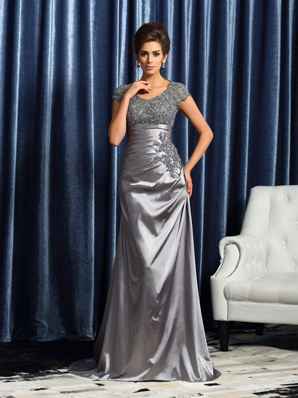 Trumpet/Mermaid Scoop Beading Short Sleeves Long Woven Satin Mother of the Bride Dresses