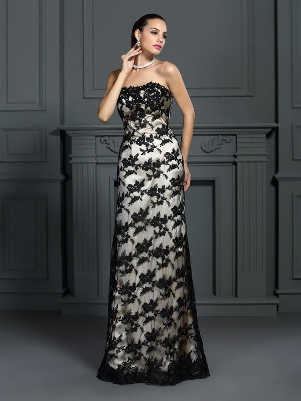 Sheath/Column Strapless Lace Sleeveless Long Woven Satin Dresses