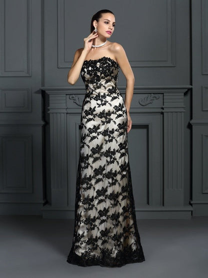 Sheath/Column Strapless Lace Sleeveless Long Woven Satin Dresses