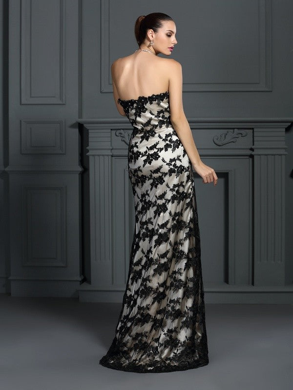 Sheath/Column Strapless Lace Sleeveless Long Woven Satin Dresses
