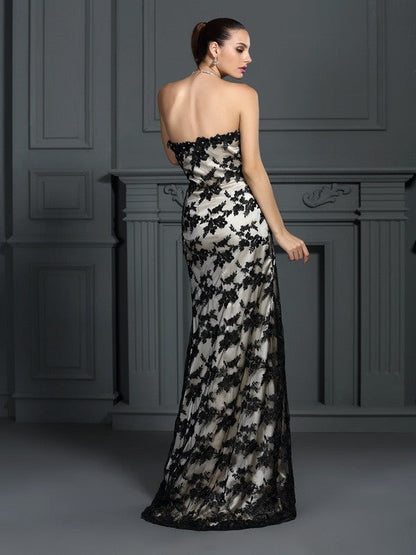 Sheath/Column Strapless Lace Sleeveless Long Woven Satin Dresses